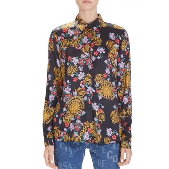 Versace Jeans Couture Button Down Sun Dial Floral Black Blouse W IT 36 US 0 NWT - Picture 1 of 6